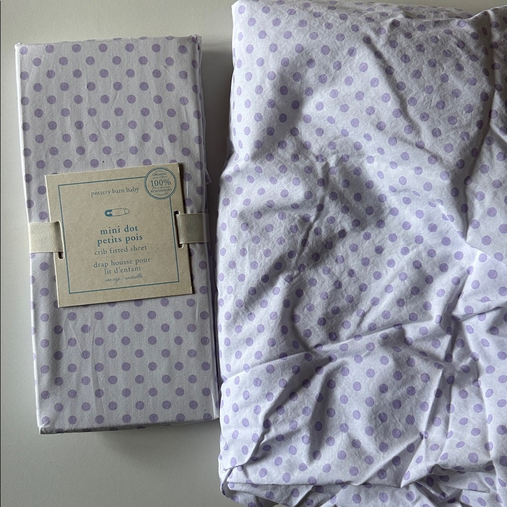 Pottery Barn Kids White Lavender Polka Dot Crib Fitted Sheet Set Organic Cotton